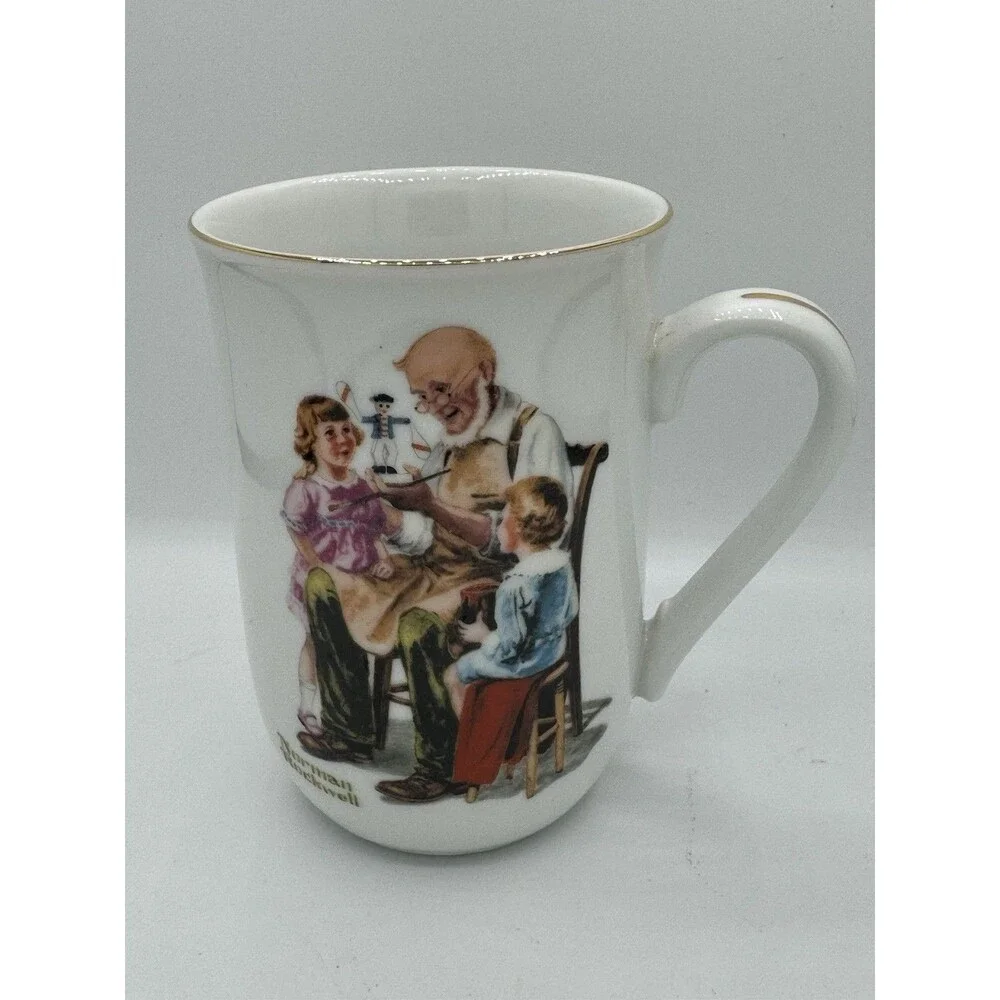 Norman Rockwell Coffee Mug The Toymaker Vintage 1982 Cup Gold Trim Excellent
